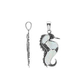 Sterling silver seahorse pendant with genuine mother of pearl inlay, handcrafted in Bali – elegant ocean-inspired jewelry for everyday wear or gifting.